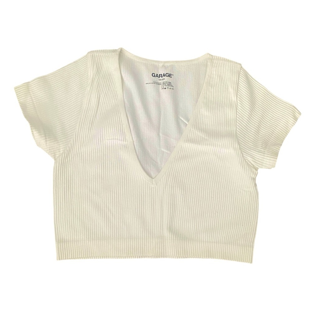 Garage White Deep V Neck Crop Top XS